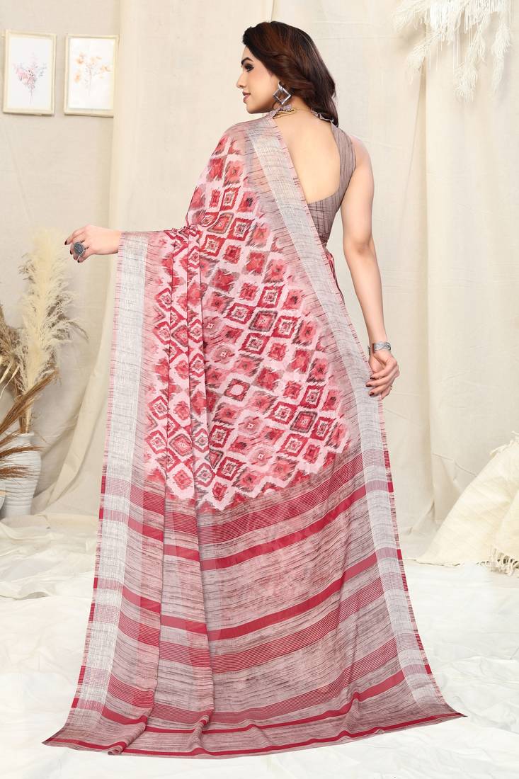 Coral chiffon ikkat print stripe silver zari line border saree with unstitched blouse piece