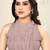 Coral chiffon ikkat print stripe silver zari line border saree with unstitched blouse piece