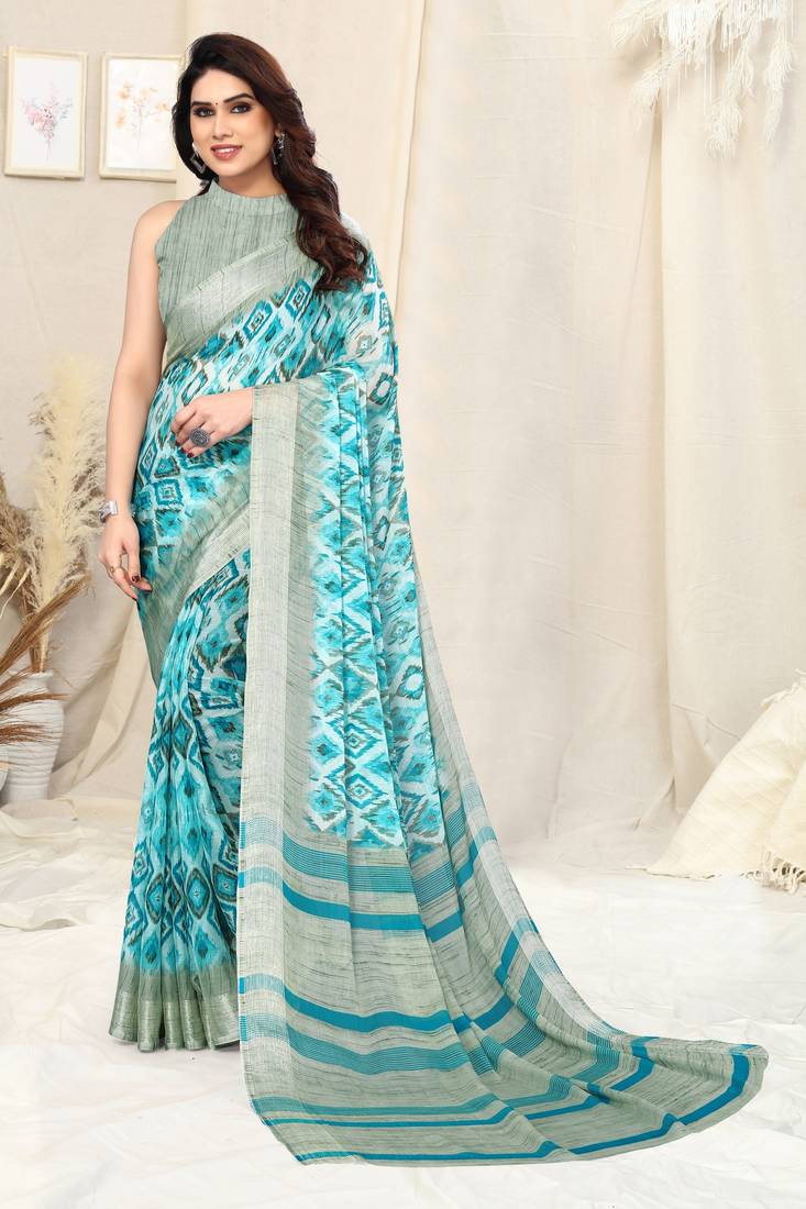 Sky blue chiffon ikkat print stripe silver zari line border saree with ...