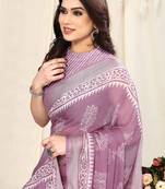 Light wine chiffon block print silver zari line border saree with unstitched blouse piece