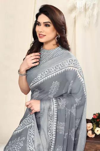Grey chiffon block print silver zari line border saree with unstitched blouse piece