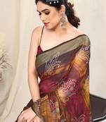 Brown Chiffon Abstract Print Golden Zari Lines Border Saree With Unstitched Blouse Piece