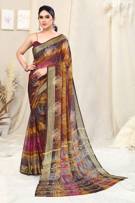 Brown Chiffon Abstract Print Golden Zari Lines Border Saree With Unstitched Blouse Piece 2