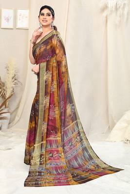 Brown Chiffon Abstract Print Golden Zari Lines Border Saree With Unstitched Blouse Piece 3
