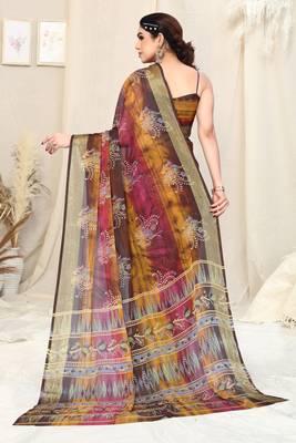 Brown Chiffon Abstract Print Golden Zari Lines Border Saree With Unstitched Blouse Piece 4