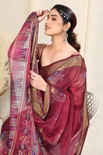 Magenta Chiffon Abstract Print Golden Zari Lines Border Saree With Unstitched Blouse Piece