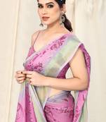 Light pink chiffon floral geometric print golden zari lines border saree with unstitched blouse piece