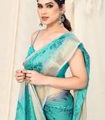 Light sea green chiffon floral geometric print golden zari lines border saree with unstitched blouse piece