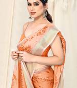 Peach chiffon floral geometric print golden zari lines border saree with unstitched blouse piece