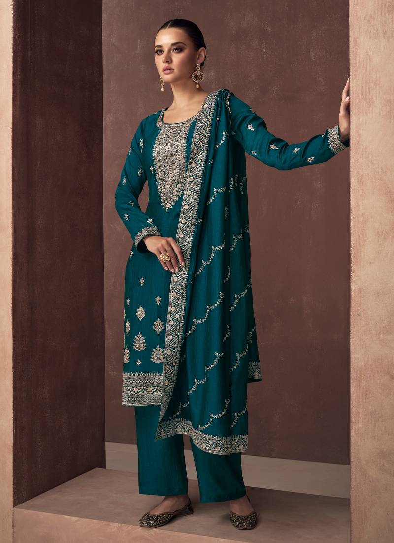 Designer Party Wear Silk Straight Suit in Aqua Blue Hue