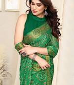 Green chiffon bandhej bandhani print golden zari lines border tassels saree with unstitched blouse piece