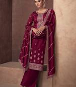 Designer Party Wear Silk Straight Suit in Deep Pink Hue