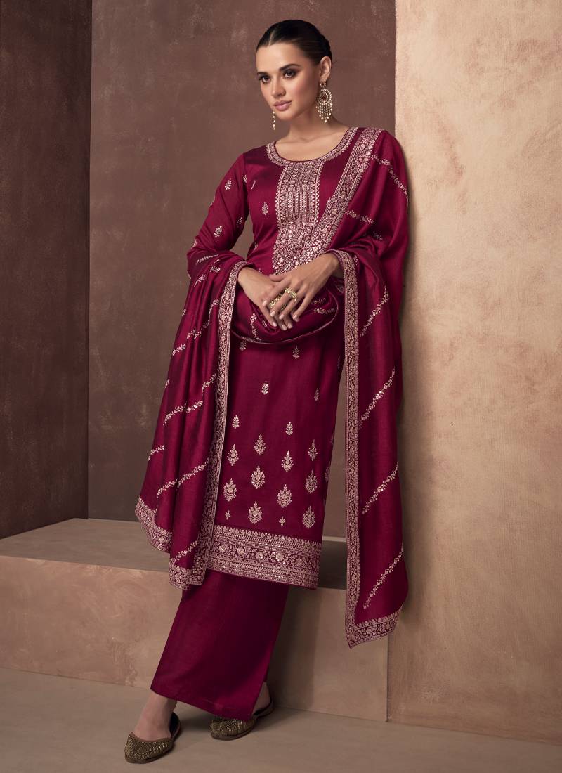 Designer Party Wear Silk Straight Suit in Deep Pink Hue