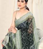 Black Chiffon Floral Zari Lines Border Saree With Unstitched Blouse Piece
