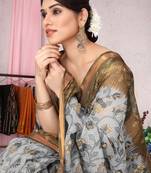 Grey Cotton Blend Floral Golden Zari Border Saree With Unstitched Blouse Piece