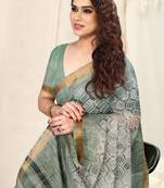 Light dusty green cotton blend checked woven colorblock print golden zari border saree with unstitched blouse piece