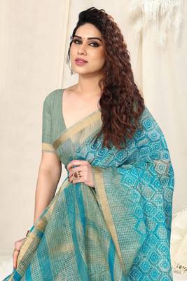 Turquoise Cotton Blend Checked Woven Colorblock Print Golden Zari Border Saree With Unstitched Blouse Piece 2