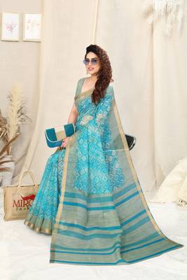 Turquoise Cotton Blend Checked Woven Colorblock Print Golden Zari Border Saree With Unstitched Blouse Piece 3