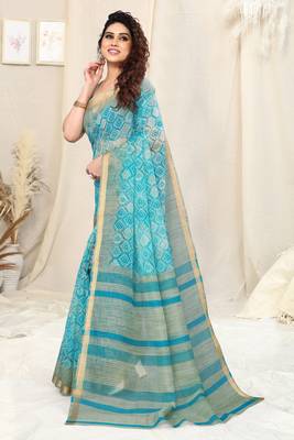 Turquoise Cotton Blend Checked Woven Colorblock Print Golden Zari Border Saree With Unstitched Blouse Piece 1