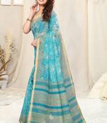 Turquoise Cotton Blend Checked Woven Colorblock Print Golden Zari Border Saree With Unstitched Blouse Piece