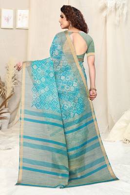 Turquoise Cotton Blend Checked Woven Colorblock Print Golden Zari Border Saree With Unstitched Blouse Piece 4