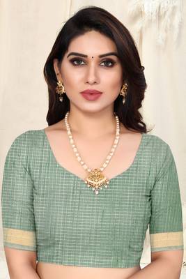 Turquoise Cotton Blend Checked Woven Colorblock Print Golden Zari Border Saree With Unstitched Blouse Piece 5