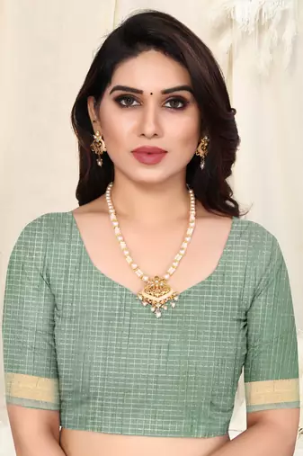 Turquoise Cotton Blend Checked Woven Colorblock Print Golden Zari Border Saree With Unstitched Blouse Piece