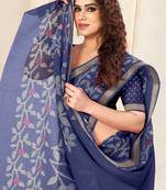 Navy Blue Cotton Blend Floral Copper Zari Border Saree With Unstitched Blouse Piece