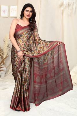Beige Chiffon Kalamkari Floral Block Print Saree With Unstitched Blouse Piece 1