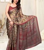 Beige Chiffon Kalamkari Floral Block Print Saree With Unstitched Blouse Piece