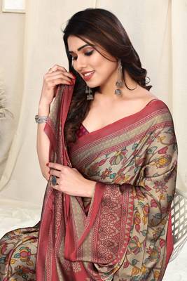Beige Chiffon Kalamkari Floral Block Print Saree With Unstitched Blouse Piece 2