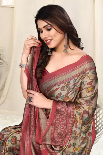 Beige Chiffon Kalamkari Floral Block Print Saree With Unstitched Blouse Piece