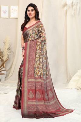 Beige Chiffon Kalamkari Floral Block Print Saree With Unstitched Blouse Piece 3