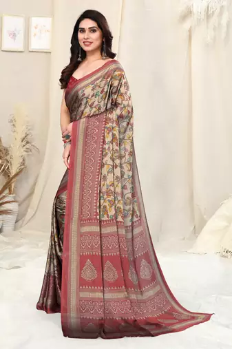 Beige Chiffon Kalamkari Floral Block Print Saree With Unstitched Blouse Piece