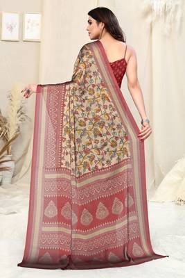 Beige Chiffon Kalamkari Floral Block Print Saree With Unstitched Blouse Piece 4