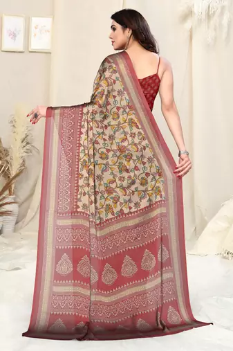 Beige Chiffon Kalamkari Floral Block Print Saree With Unstitched Blouse Piece
