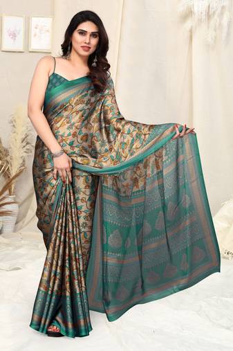 Beige chiffon kalamkari floral block print saree with unstitched blouse piece