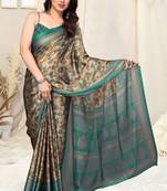 Beige chiffon kalamkari floral block print saree with unstitched blouse piece