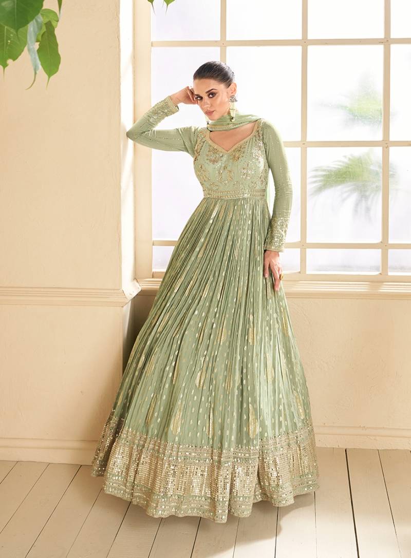 Pista green color viscose silk wedding wear anarkali suit - Monjolika -  4216662