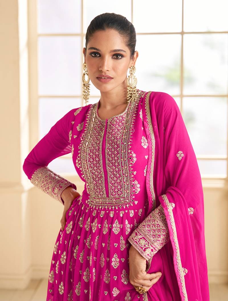 Rani pink color georgette wedding wear anarkali suit - Monjolika - 4216664