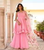 Pink Color Georgette fabric double Layer Kurta Palazzo Set with Printed Dupatta