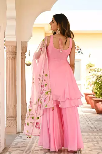 Pink Color Georgette fabric double Layer Kurta Palazzo Set with Printed Dupatta