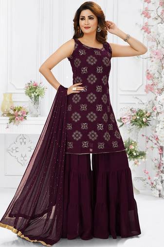 Women's Wine Color Faux Georgette Sequence Work Partywear Kurta Sharara Set