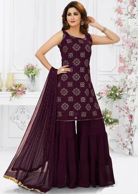 Women's Wine Color Faux Georgette Sequence Work Partywear Kurta Sharara Set 1