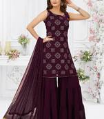 Women's Wine Color Faux Georgette Sequence Work Partywear Kurta Sharara Set