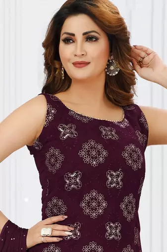 Women's Wine Color Faux Georgette Sequence Work Partywear Kurta Sharara Set