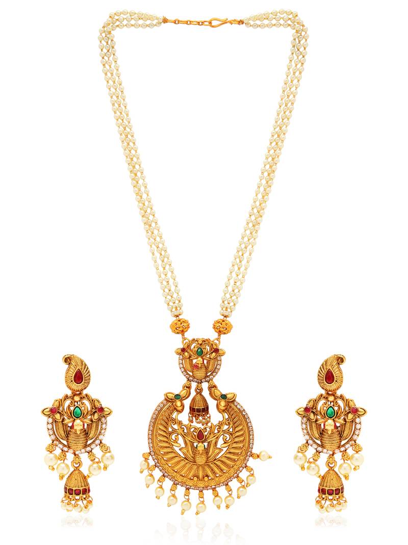 18K Gold Plated Traditional Antique Temple Jewellery Long Necklace With Earrings For Women & Girls (MC081MG)