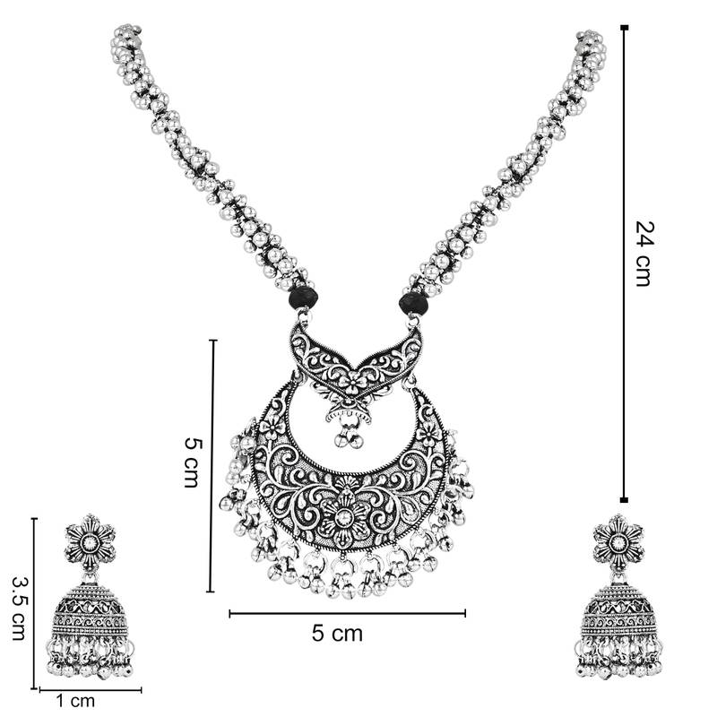 Navratri Ethnic Silver Oxidised Floral Design Ghungroo Long Necklace Jewellery With Jhumka Earrings Set MC169OX