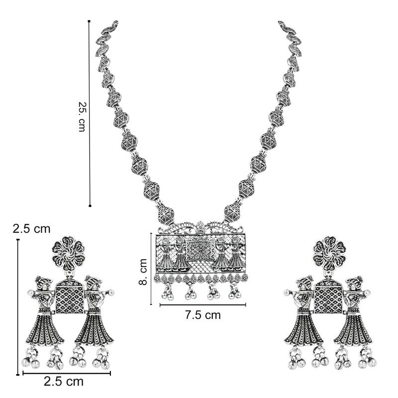 Navratri Ethnic Silver Oxidised Long Necklace Jewellery With Drop Earrings Set For Women/Girls (MC170OX)