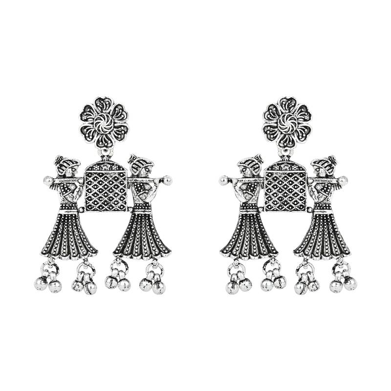 Navratri Ethnic Silver Oxidised Long Necklace Jewellery With Drop Earrings Set For Women/Girls (MC170OX)